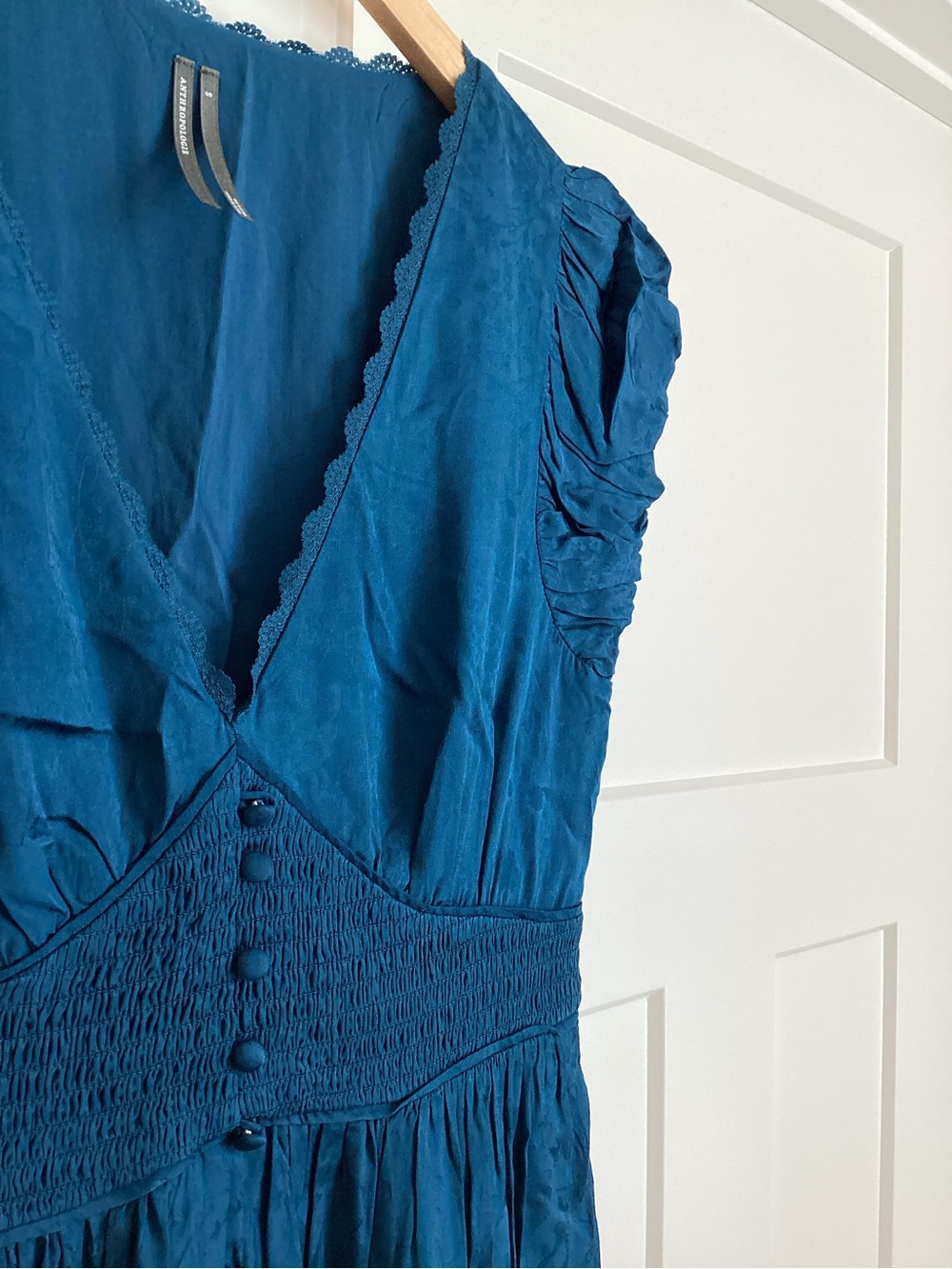 Anthropologie Peregrine V-Neck Midi Dress Silken Cap Sleeve Small Deep Sea Blue - Picture 6 of 15